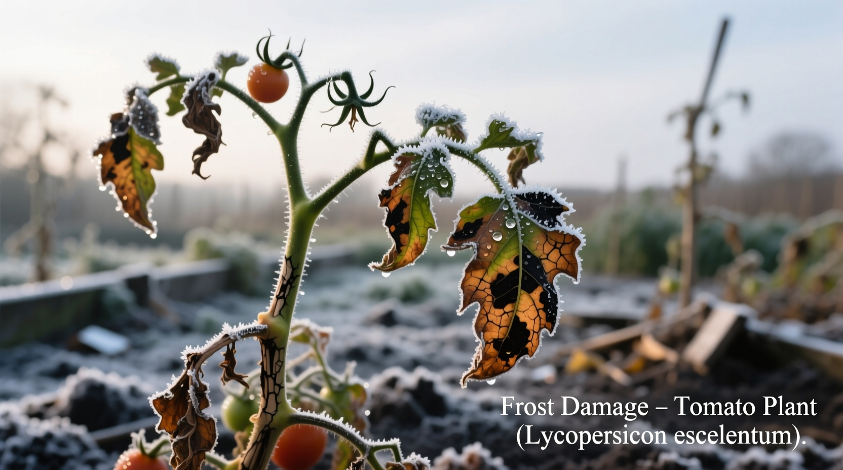 Tomato plants showing frost damage on leaves and stems
