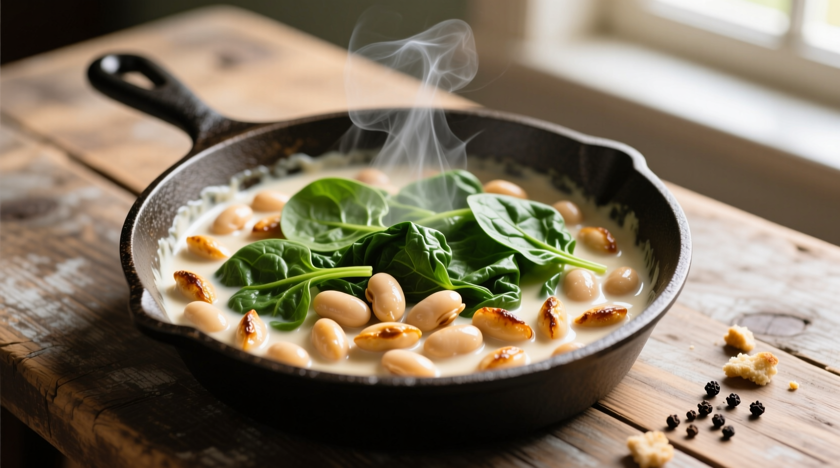 Creamy cannellini beans with fresh spinach in cast iron skillet