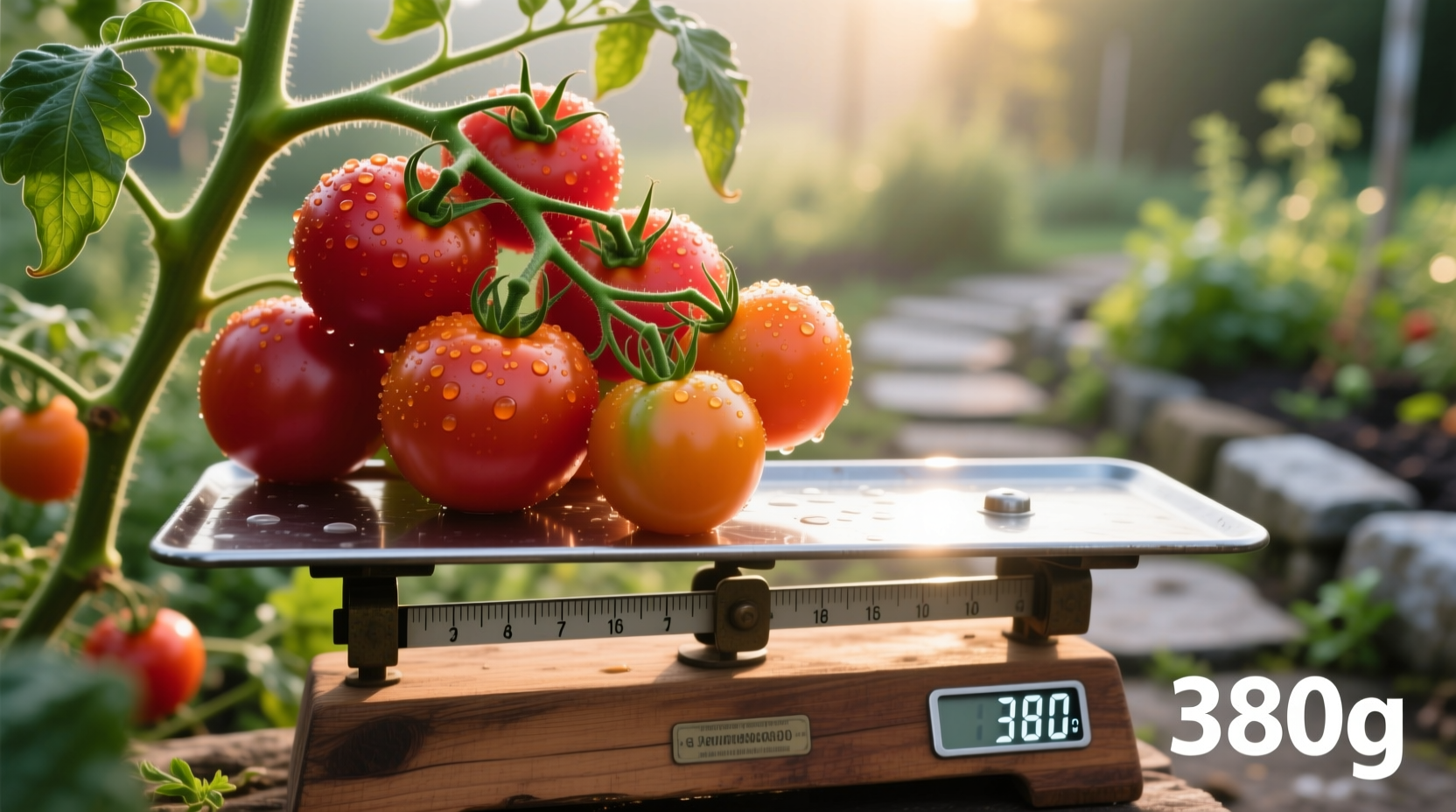 Fresh tomatoes on vine with measuring scale