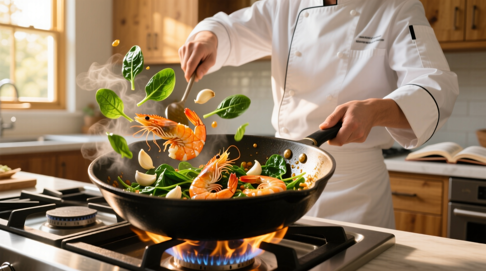 Chef preparing garlic shrimp with fresh spinach in skillet