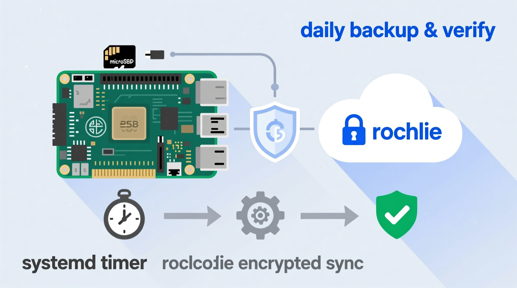 Diagram showing Raspberry Pi connected via encrypted rclone sync to cloud storage, with systemd timer triggering daily backup and verification step