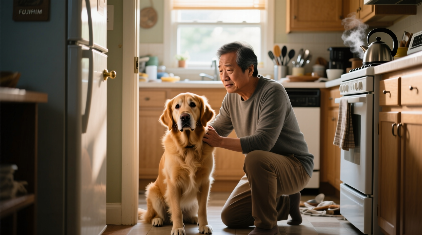 Dog owner checking on concerned pet near kitchen