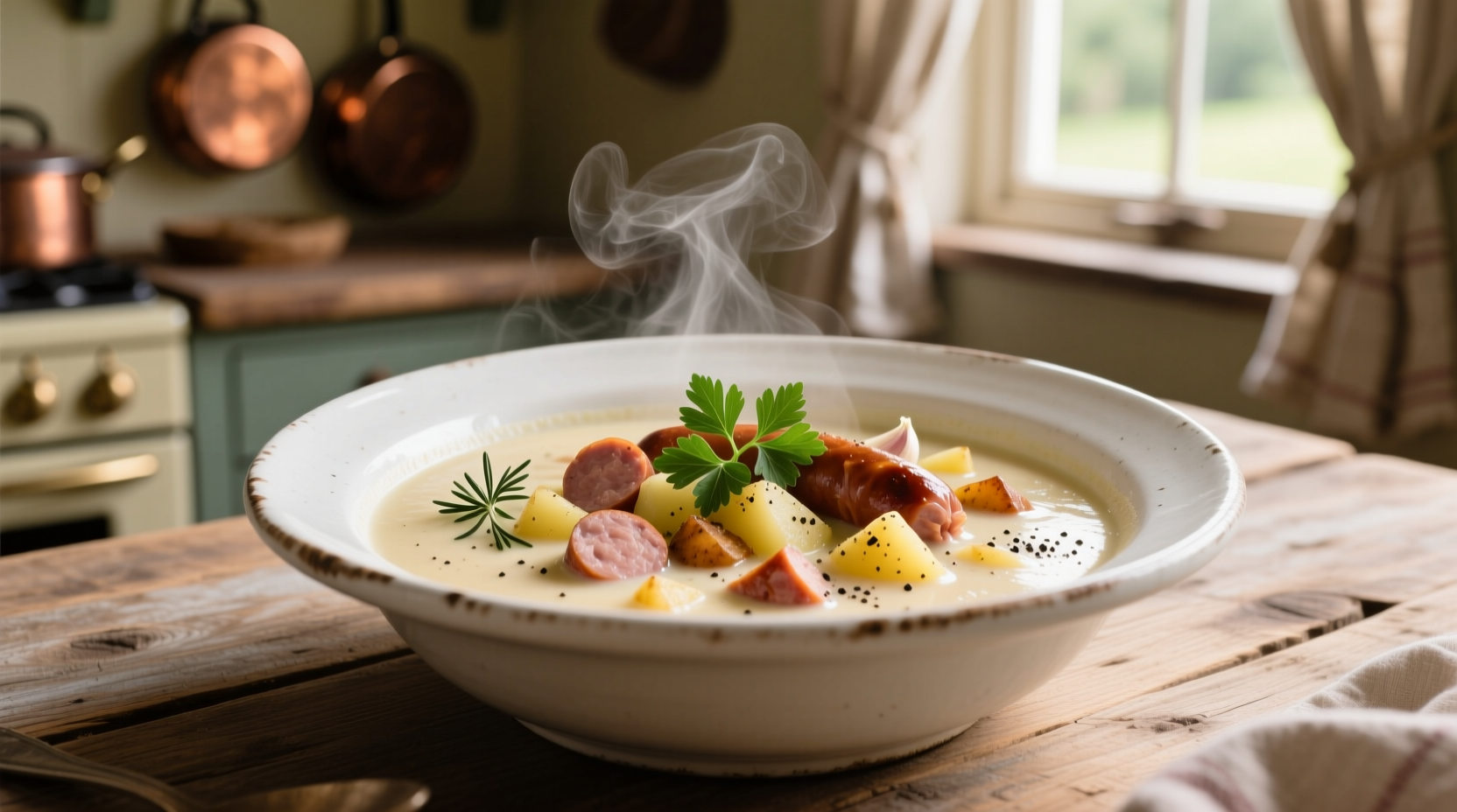 Creamy smoked sausage and potato soup in white bowl