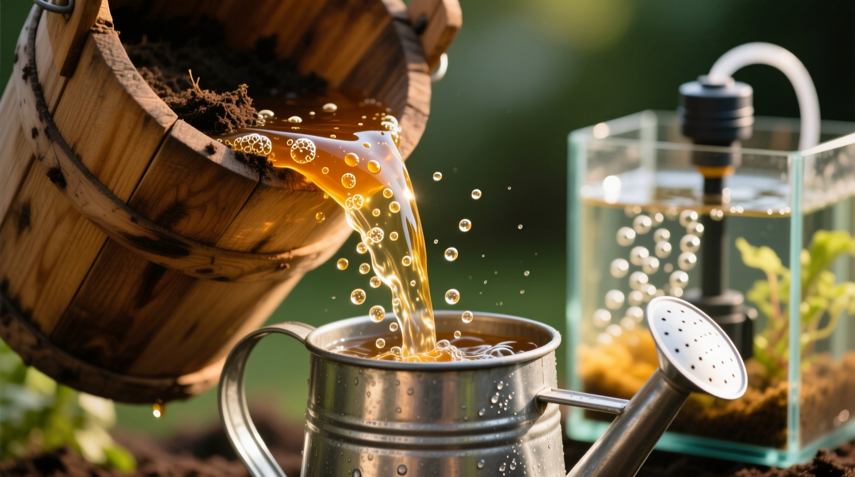 Close-up of clear, amber-colored aerated compost tea being poured from a bucket into a watering can, with an aquarium air pump bubbling gently in the background
