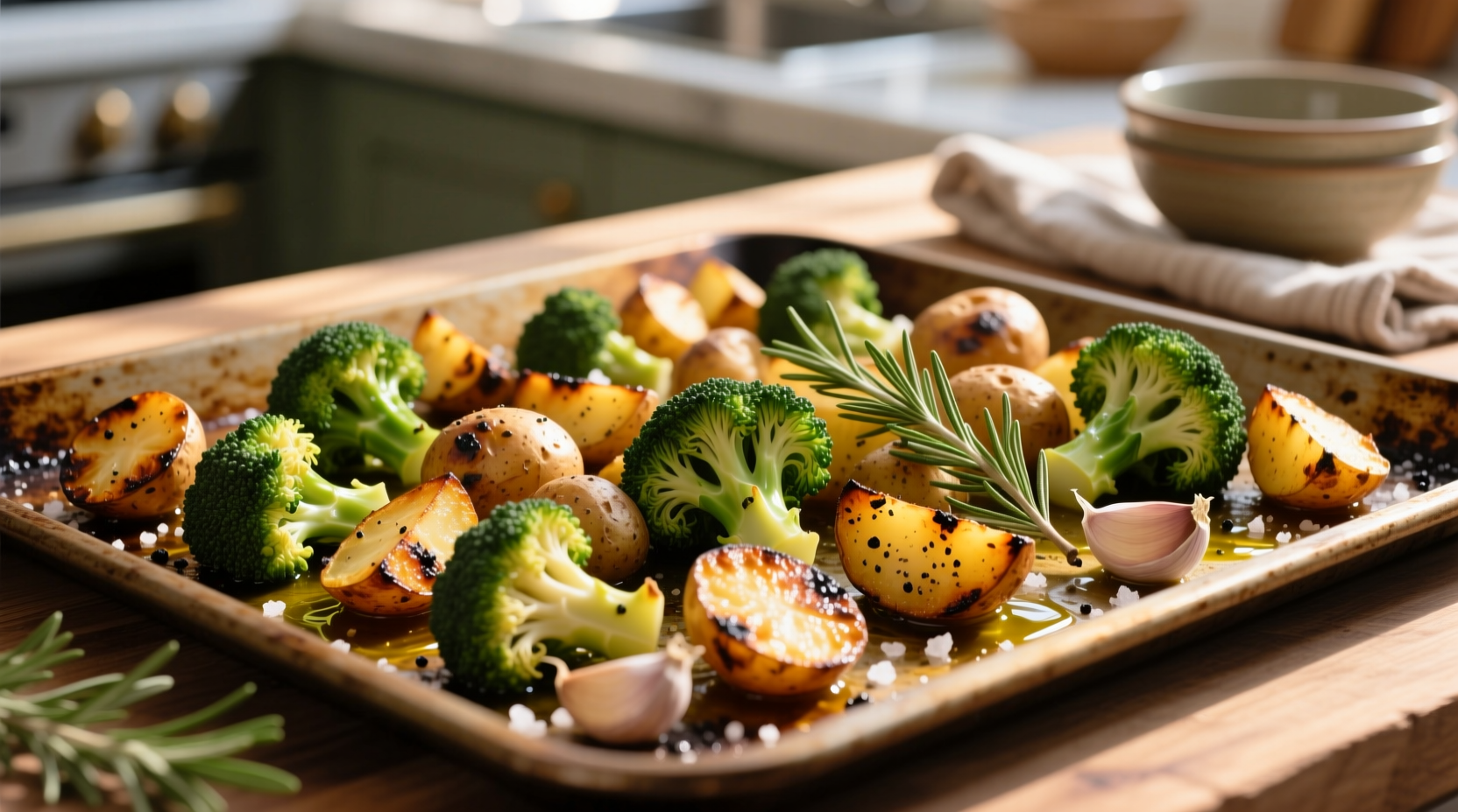 Golden roasted broccoli and potatoes on sheet pan