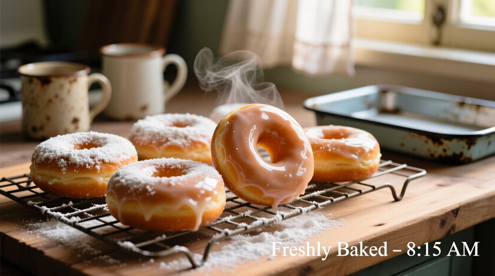 Homemade glazed donuts on cooling rack with powdered sugar