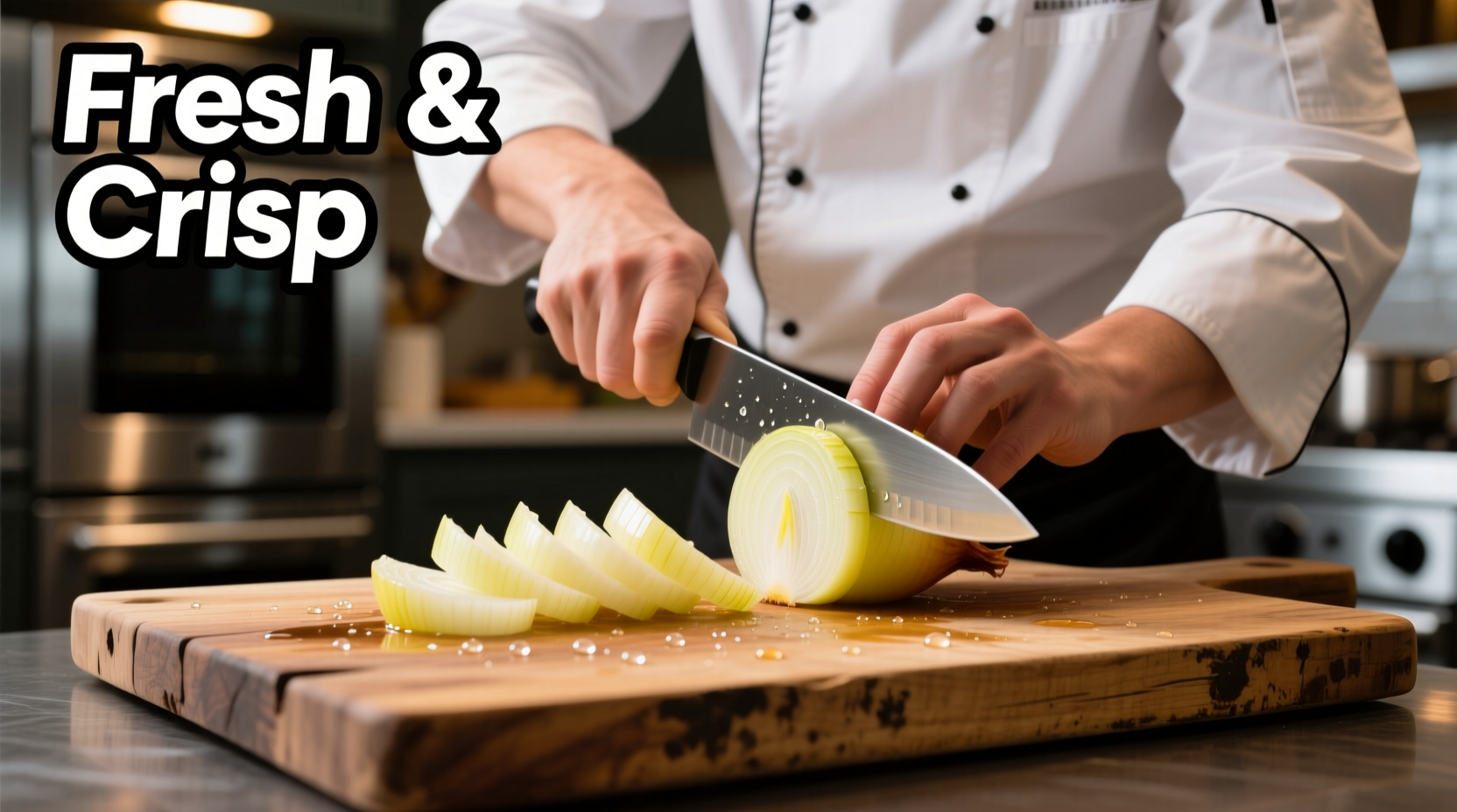 Chef slicing fresh yellow onions on wooden cutting board