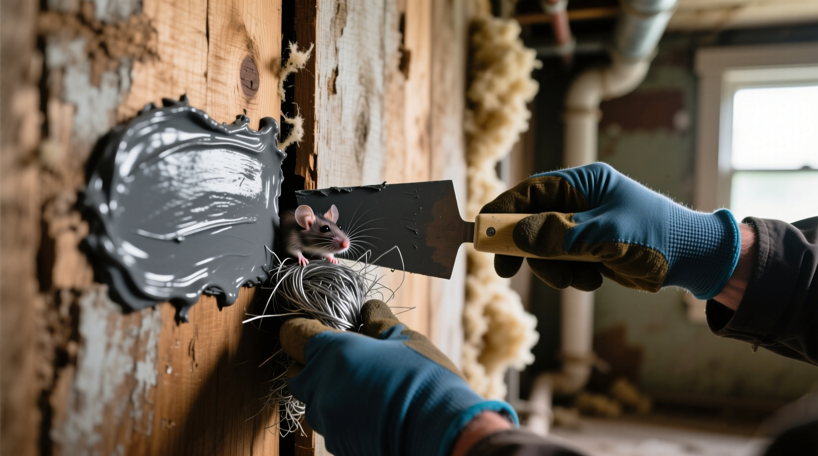 Sealing mouse entry points with steel wool and caulk