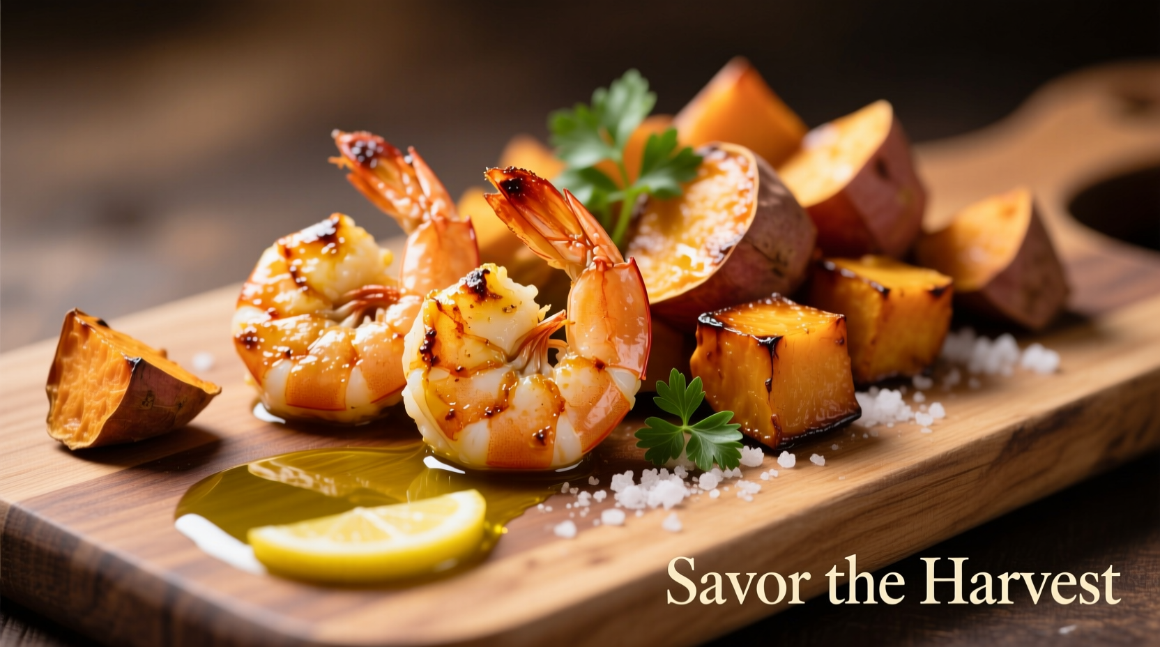 Pan-seared shrimp with roasted sweet potato cubes