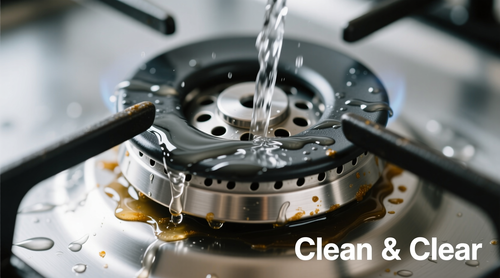 Close-up macro photograph showing a stainless steel gas stove burner cap mid-rinse: water flowing diagonally across its surface, visibly clearing grease from the perimeter while avoiding direct impact on the central cluster of tiny ignition holes
