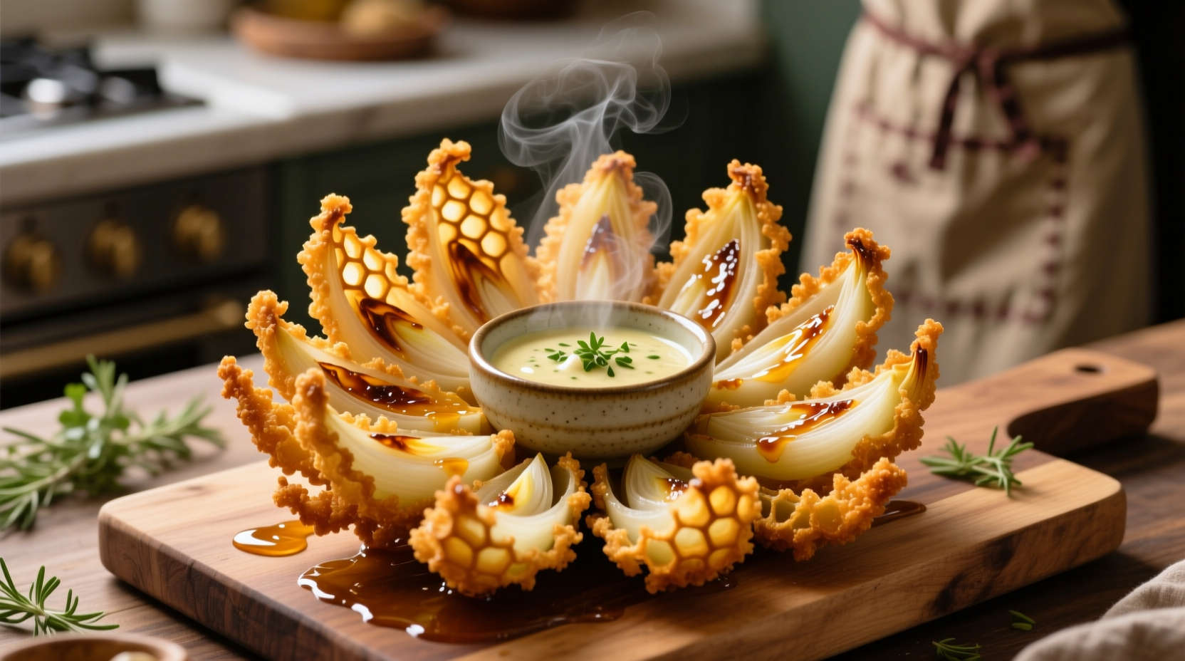 Crispy golden bloomin onion served with dipping sauce