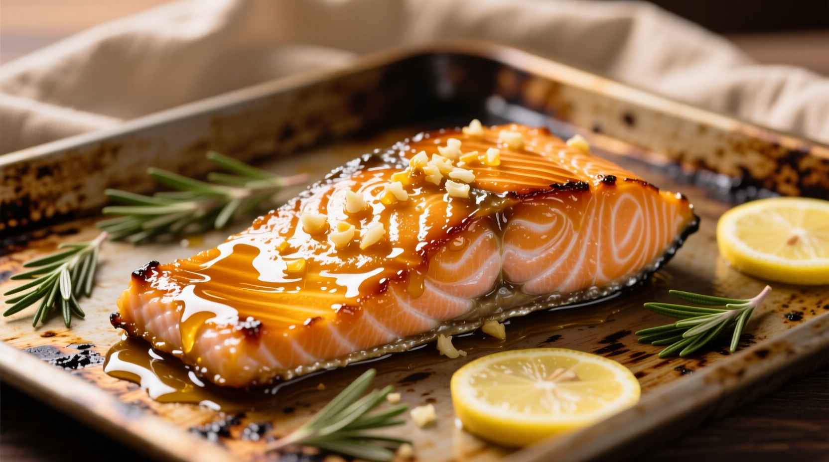 Golden honey garlic glazed salmon on baking sheet