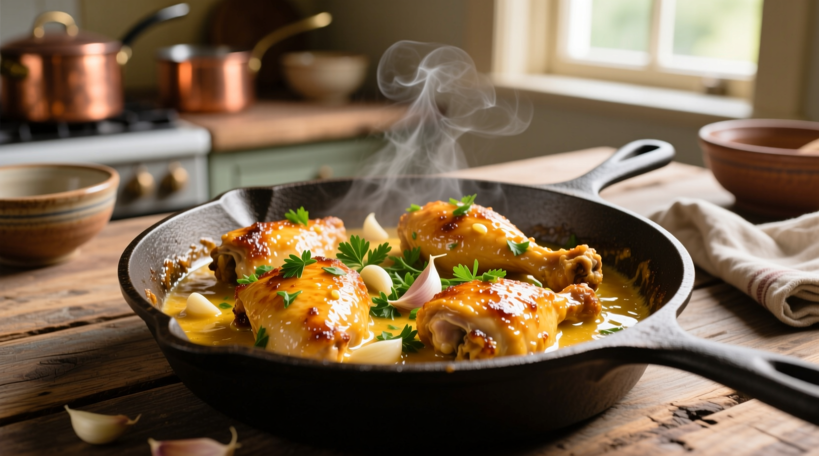 Golden garlic chicken with butter sauce in cast iron skillet