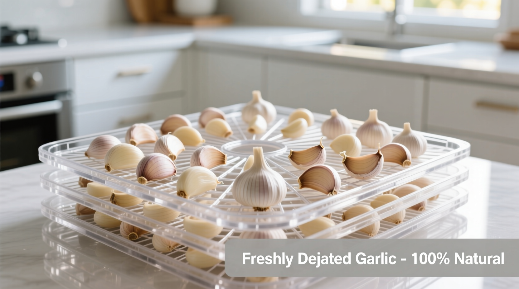 Garlic cloves arranged on dehydrator trays