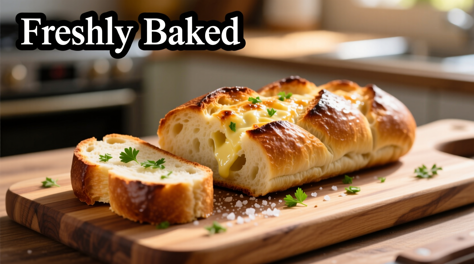 Perfect golden brown oven garlic bread on wooden cutting board
