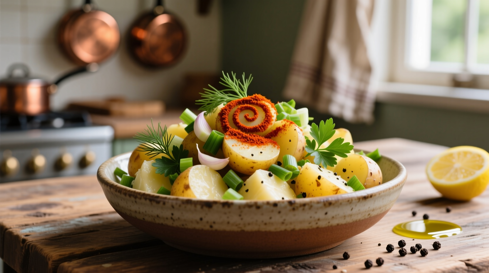 Spicy potato salad with fresh herbs and paprika garnish