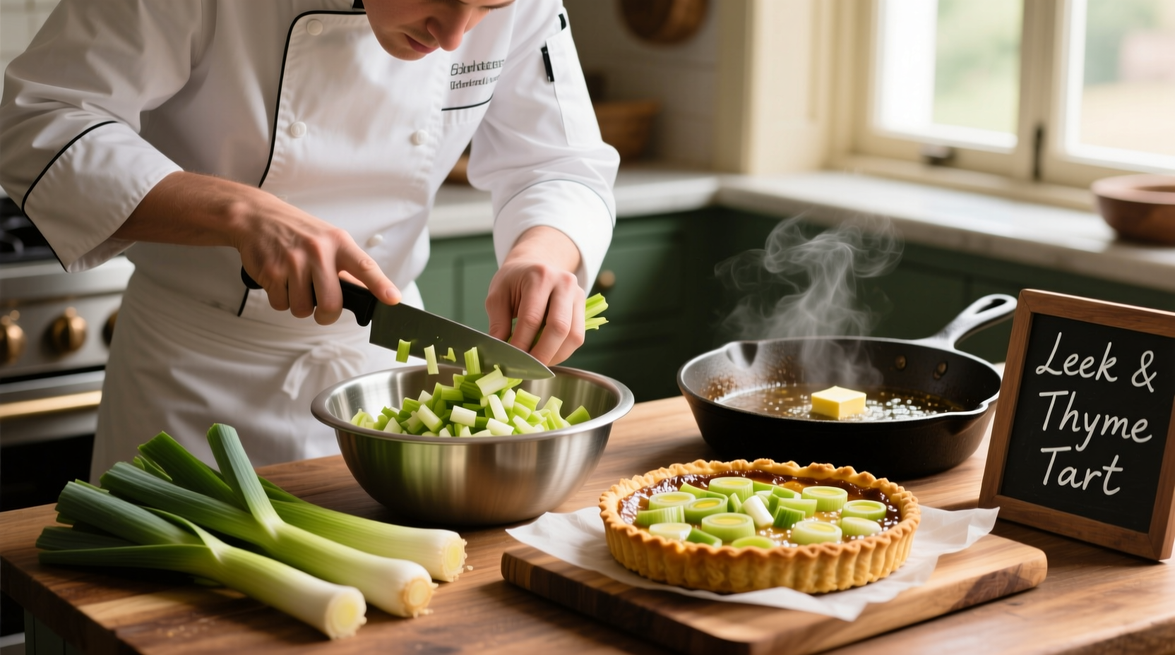 Chef preparing leek filling for savory tart