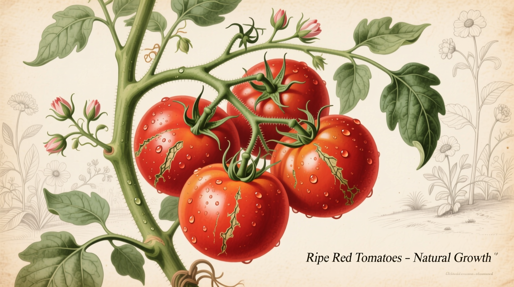 Ripe red tomatoes on vine showing natural growth