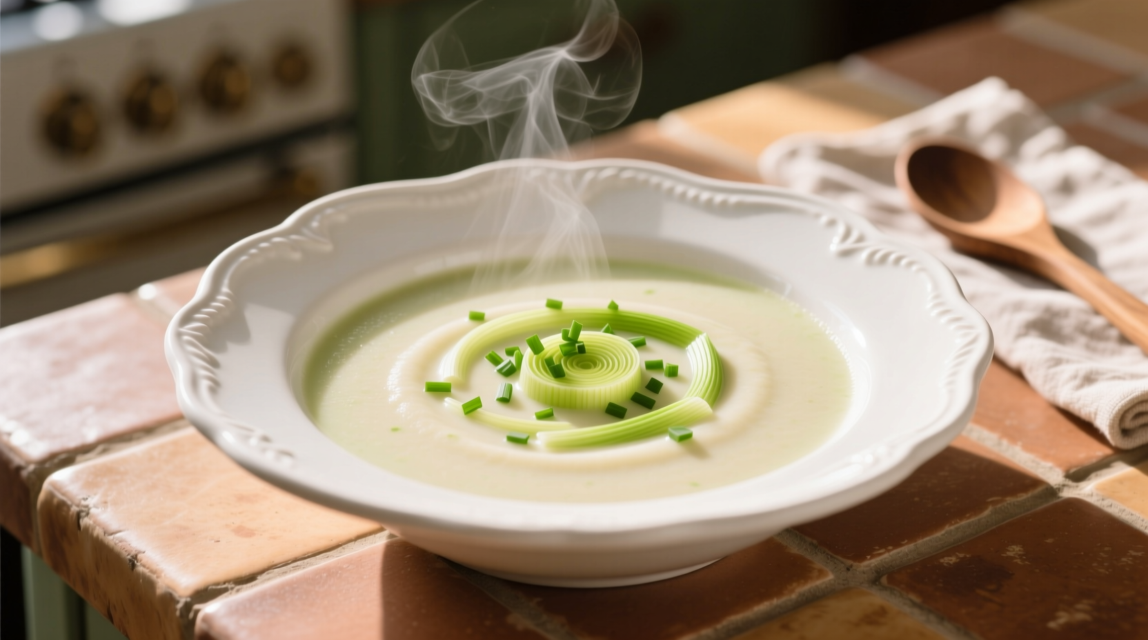 Creamy French leek soup in white bowl with chive garnish