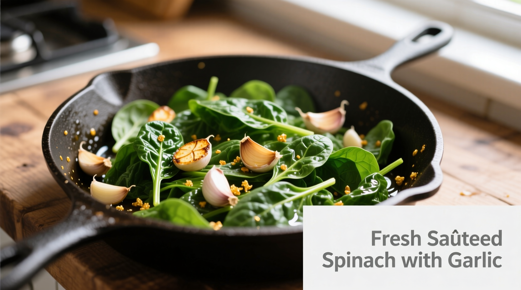 Fresh sautéed spinach in a skillet with garlic