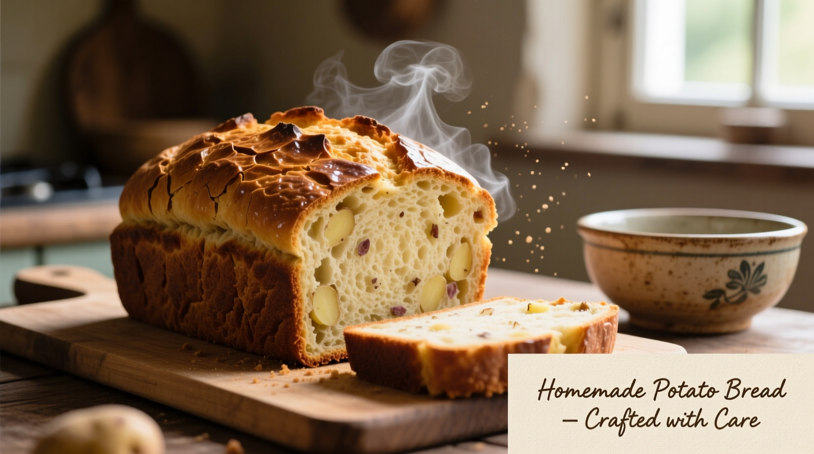 Traditional potato bread loaf with golden crust