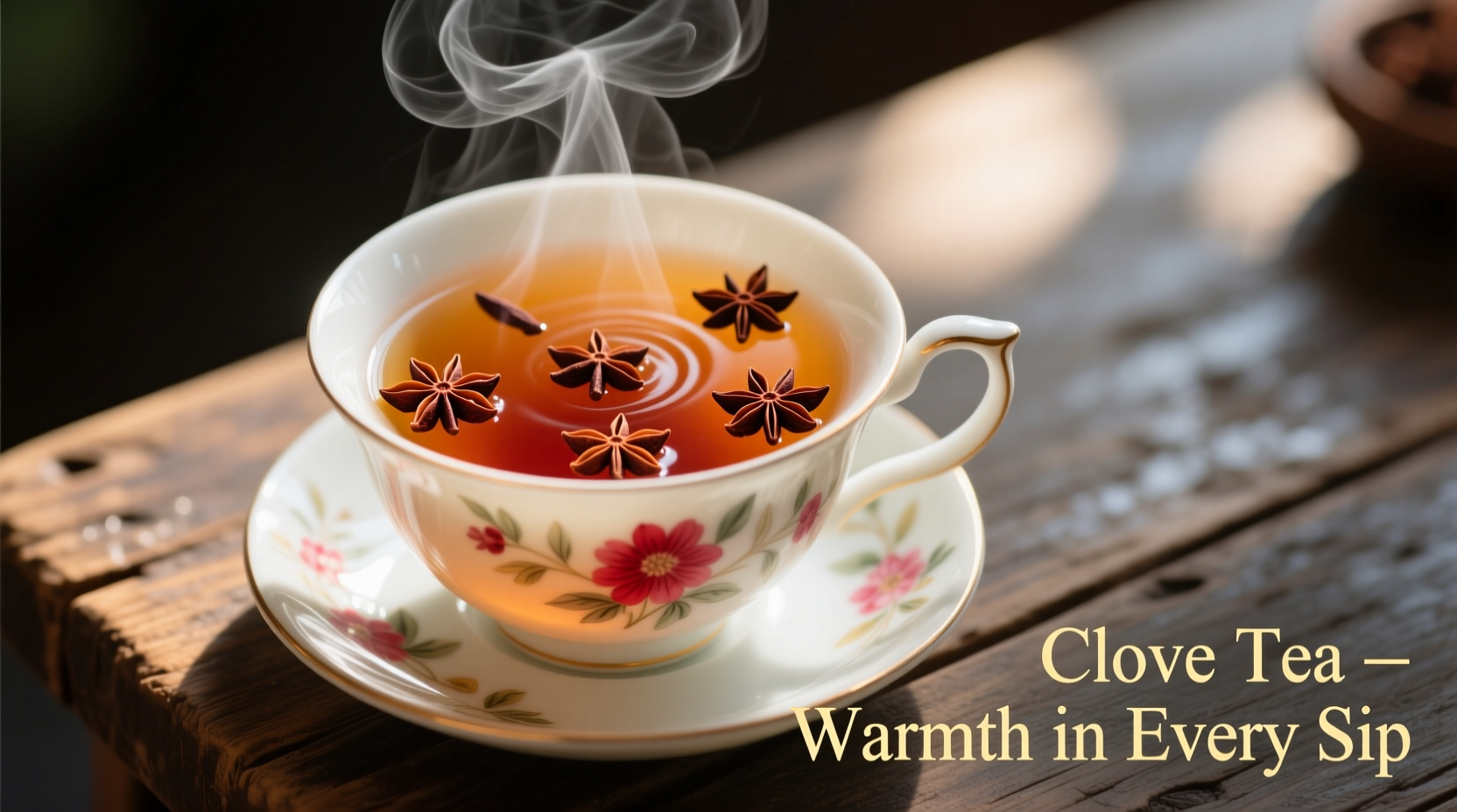 Steaming cup of clove tea with whole cloves