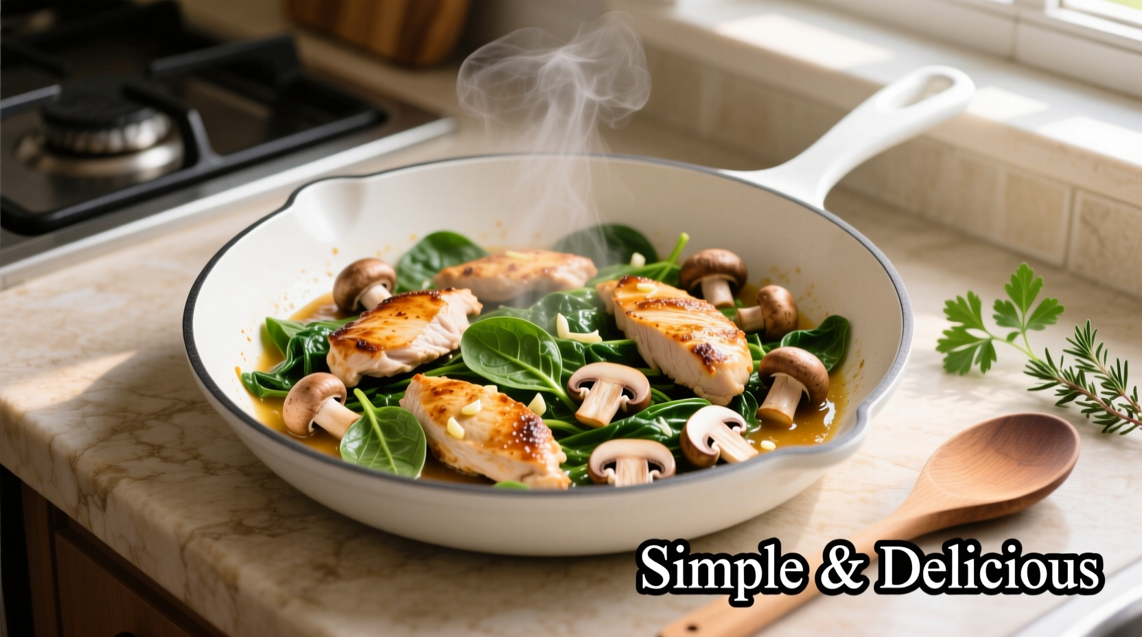 Chicken mushroom spinach recipe in white skillet