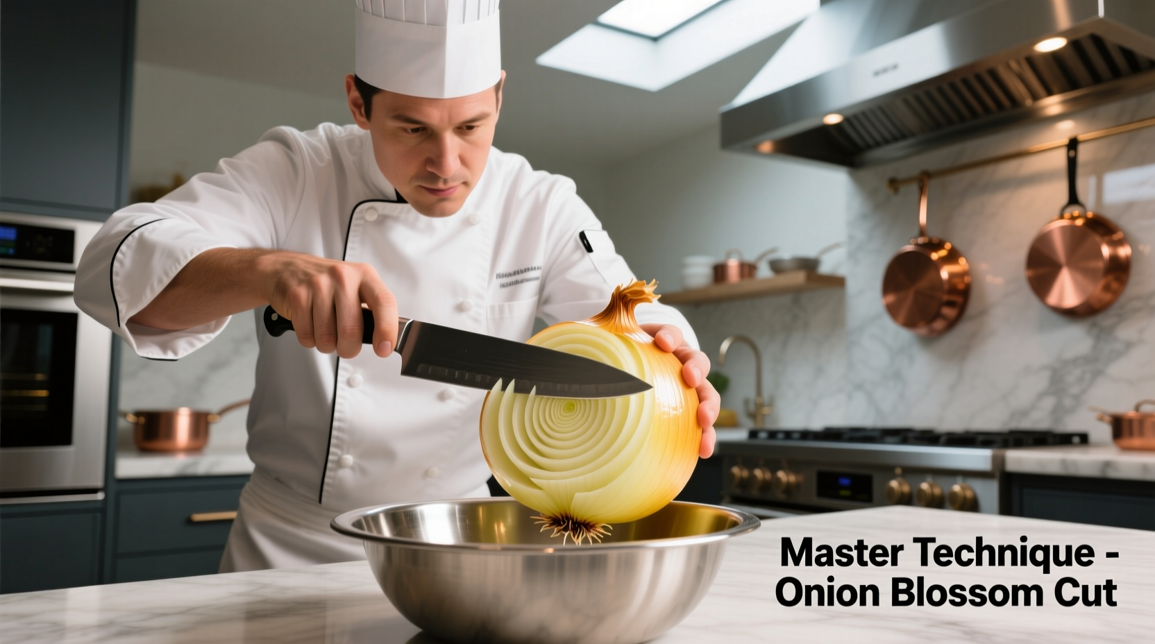Professional chef using onion blossom cutter on yellow onion