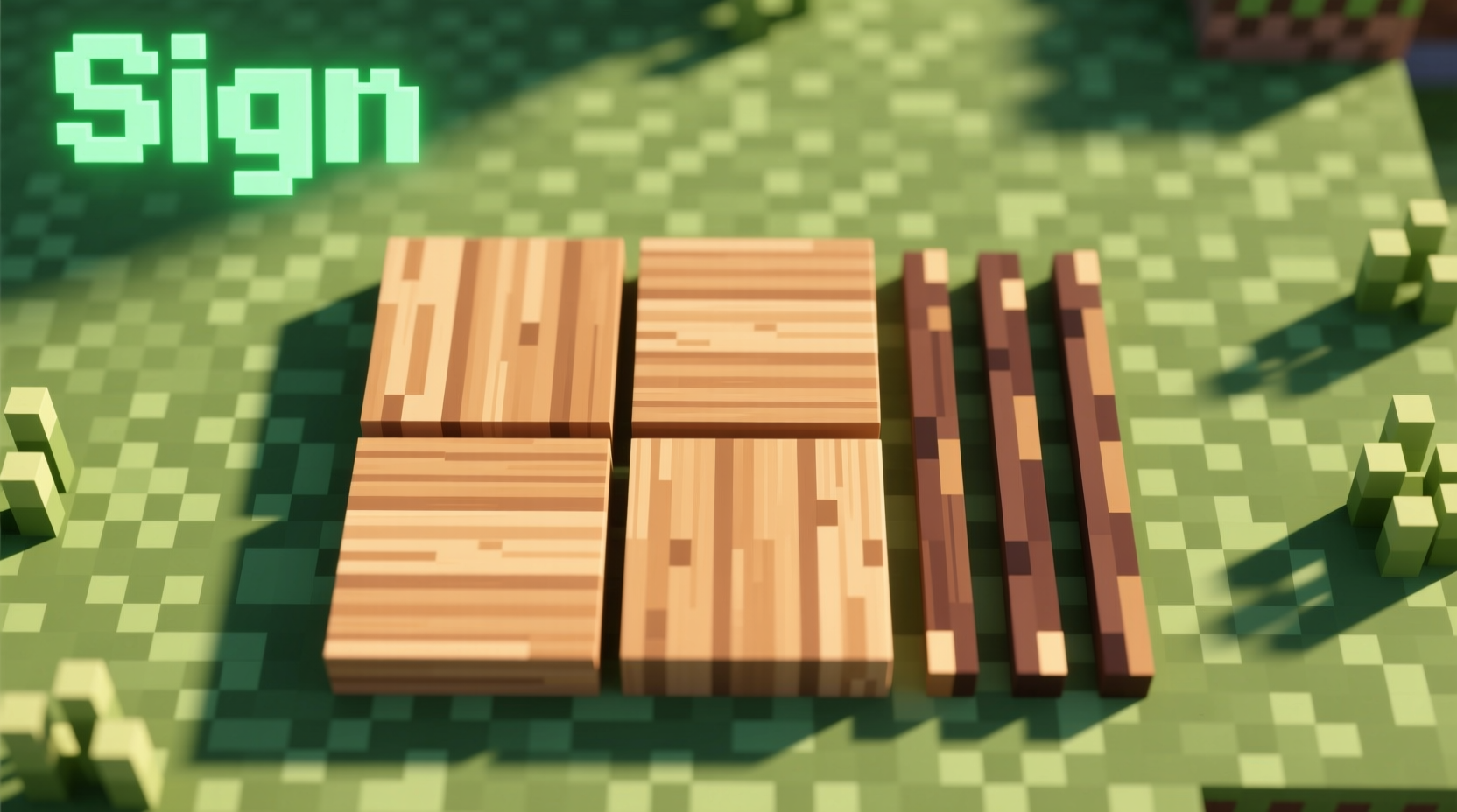 Minecraft wood planks and stick arranged for sign crafting