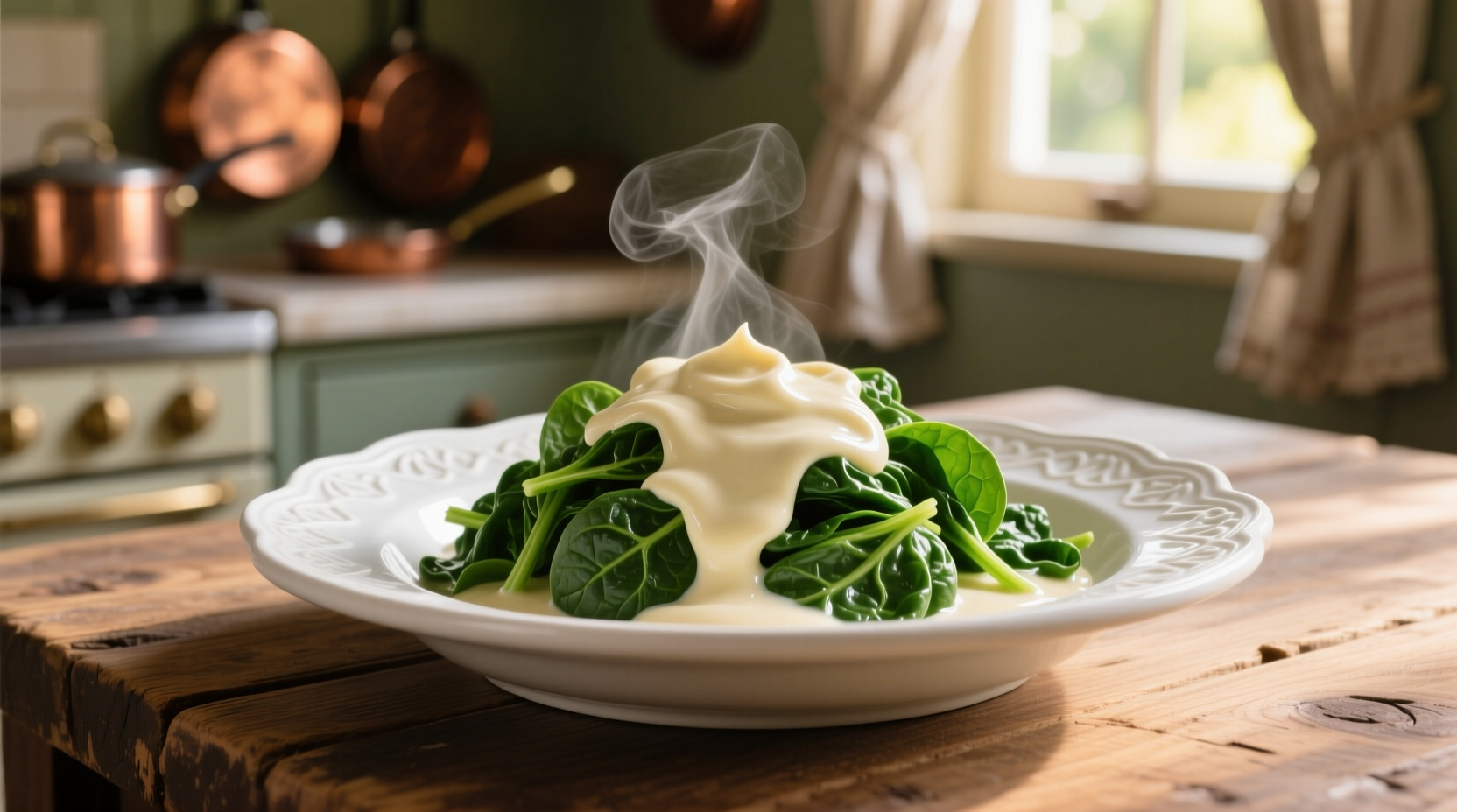 Fresh creamed spinach in white ceramic dish