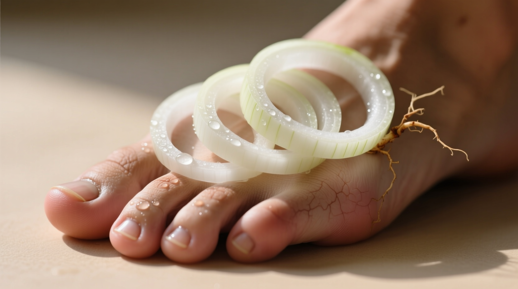 Raw onion slices placed on bottom of feet