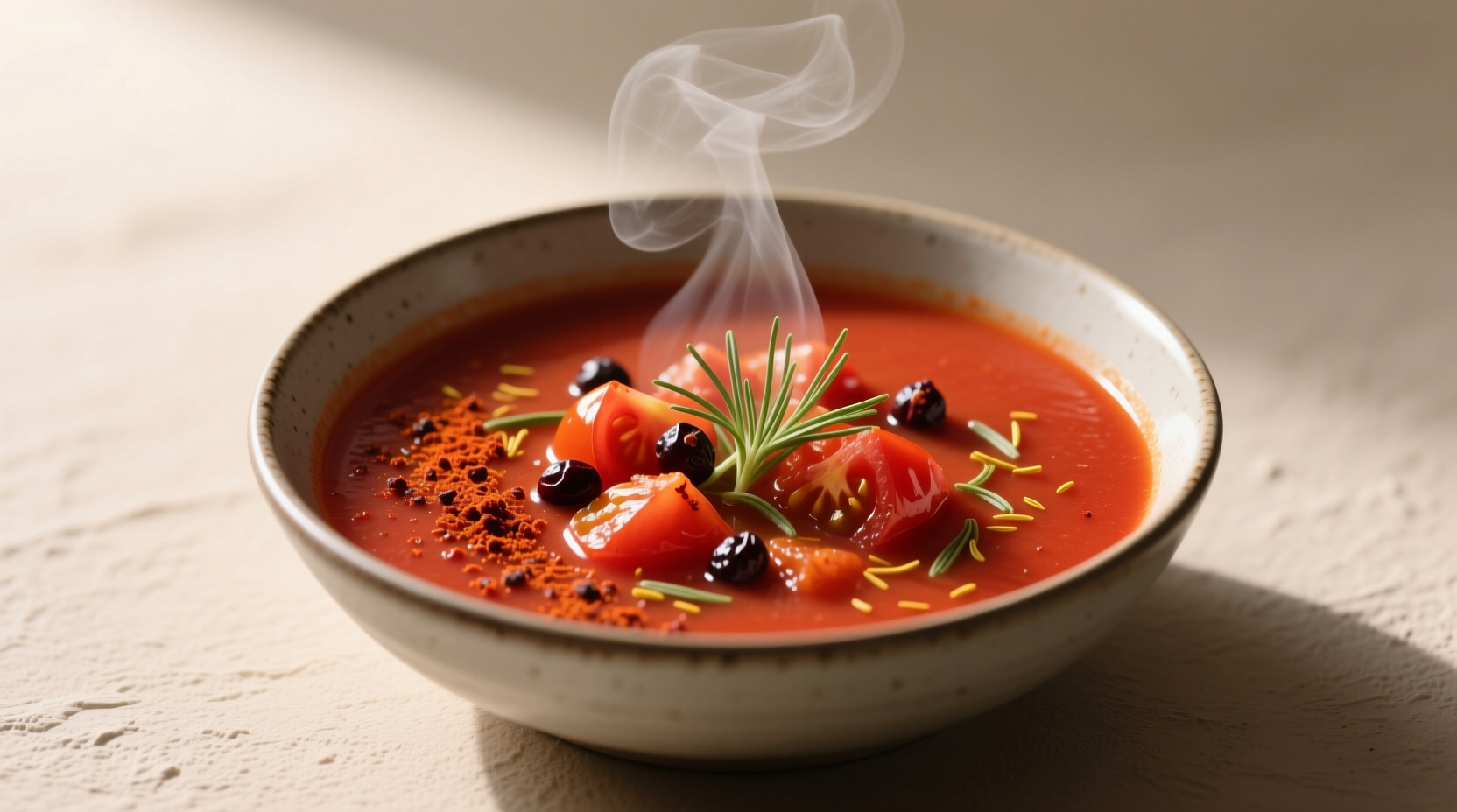 Spice trio: smoked paprika, fennel pollen, juniper berries arranged with roasted tomatoes