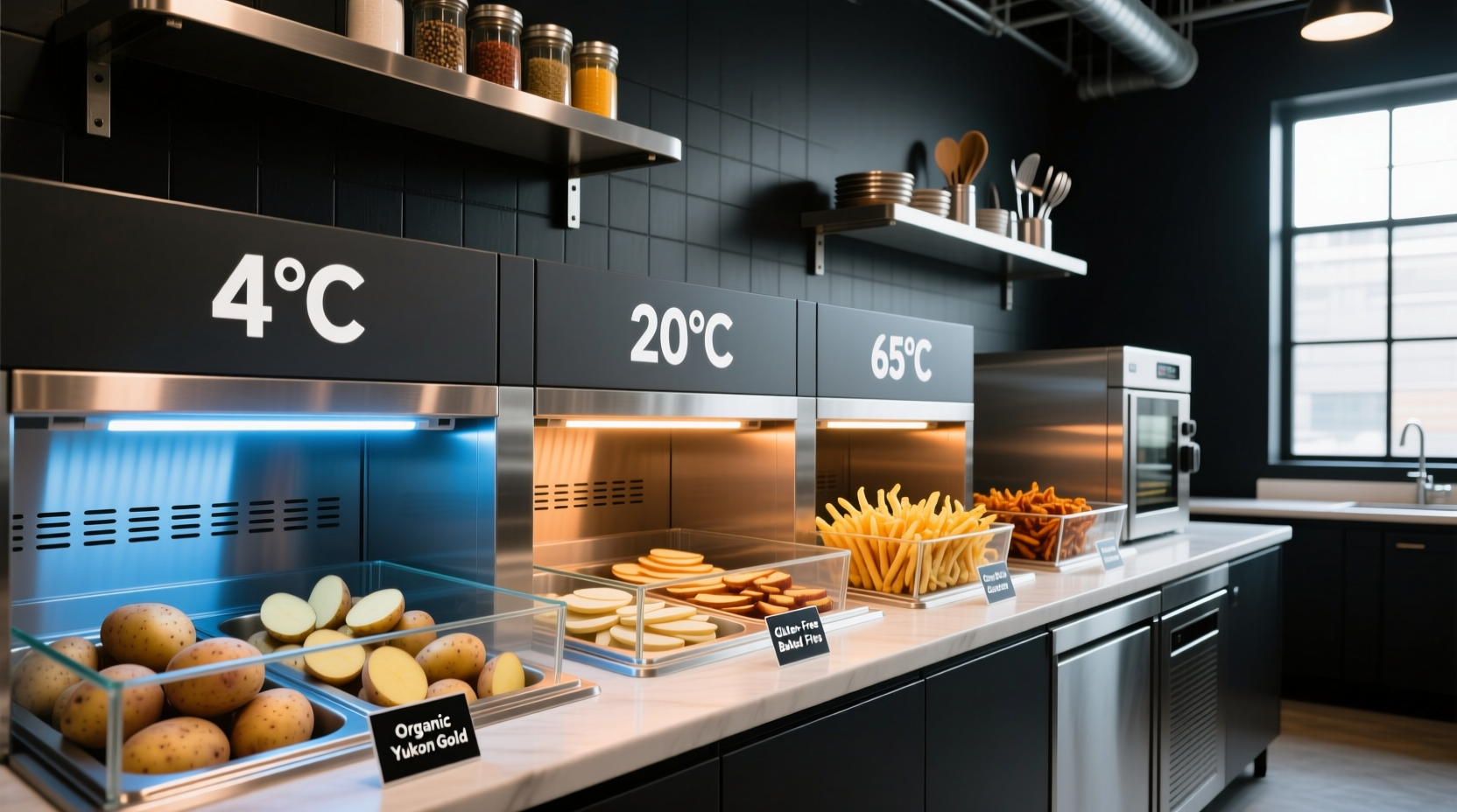 Professional spud potato bar setup with organized temperature zones