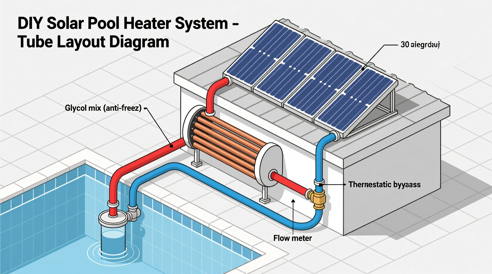 DIY solar pool heater system diagram showing tubing layout