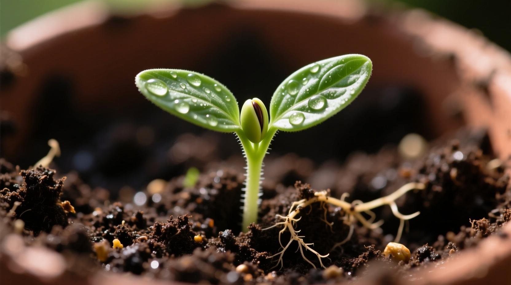 Tomato seedling emerging from soil with cotyledon leaves