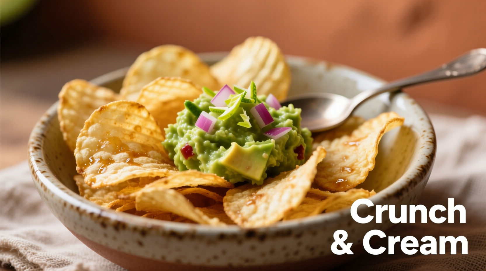 Close-up of wavy potato chips in a bowl with guacamole