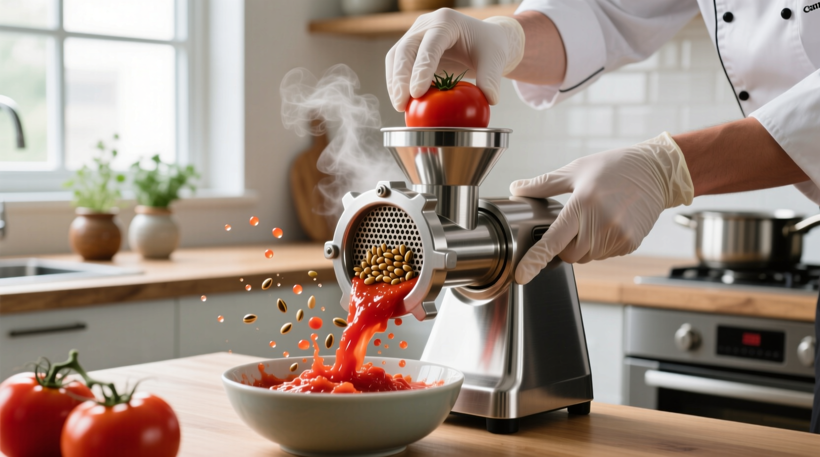 Chef using food mill for tomato seed removal