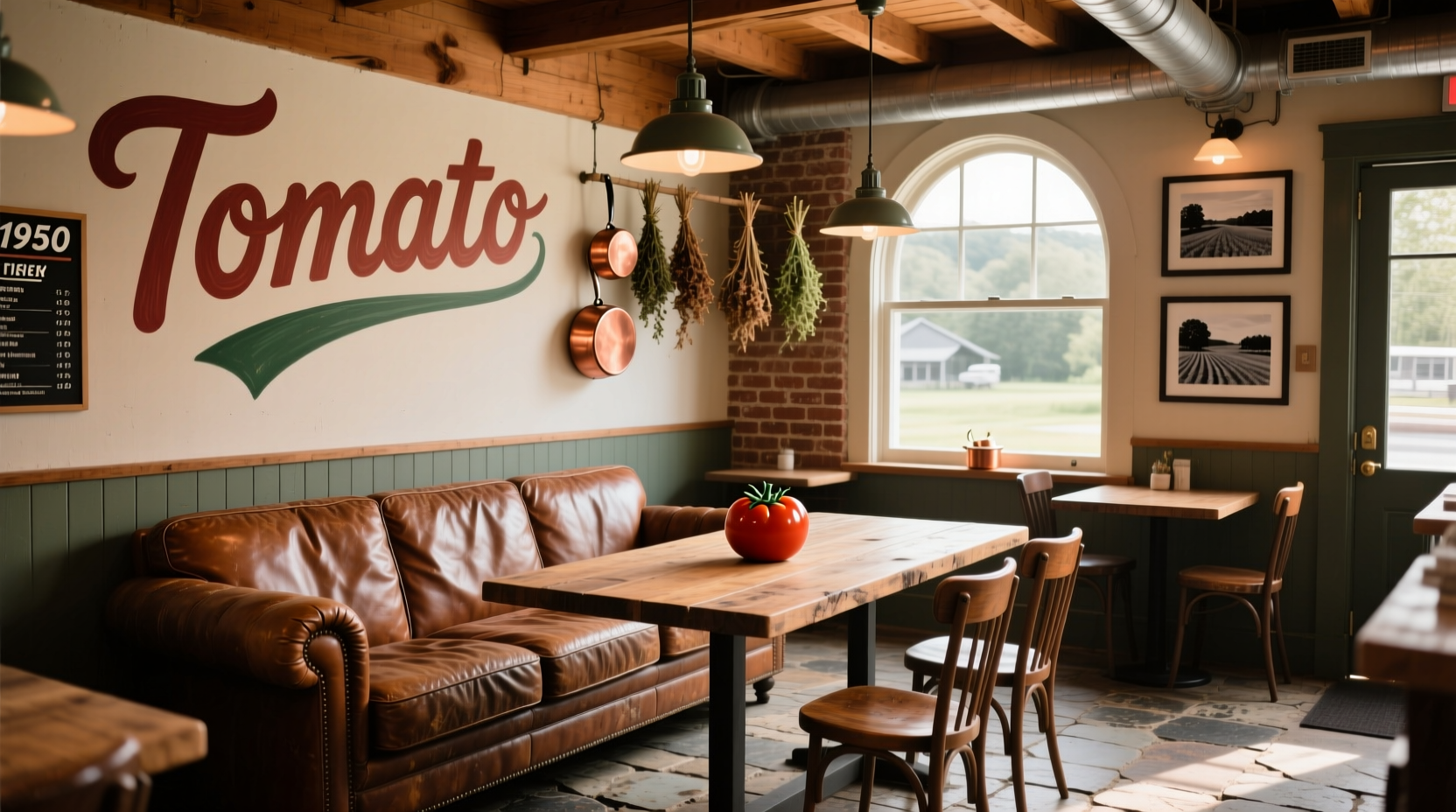 Couch Tomato Conshohocken dining area with rustic decor