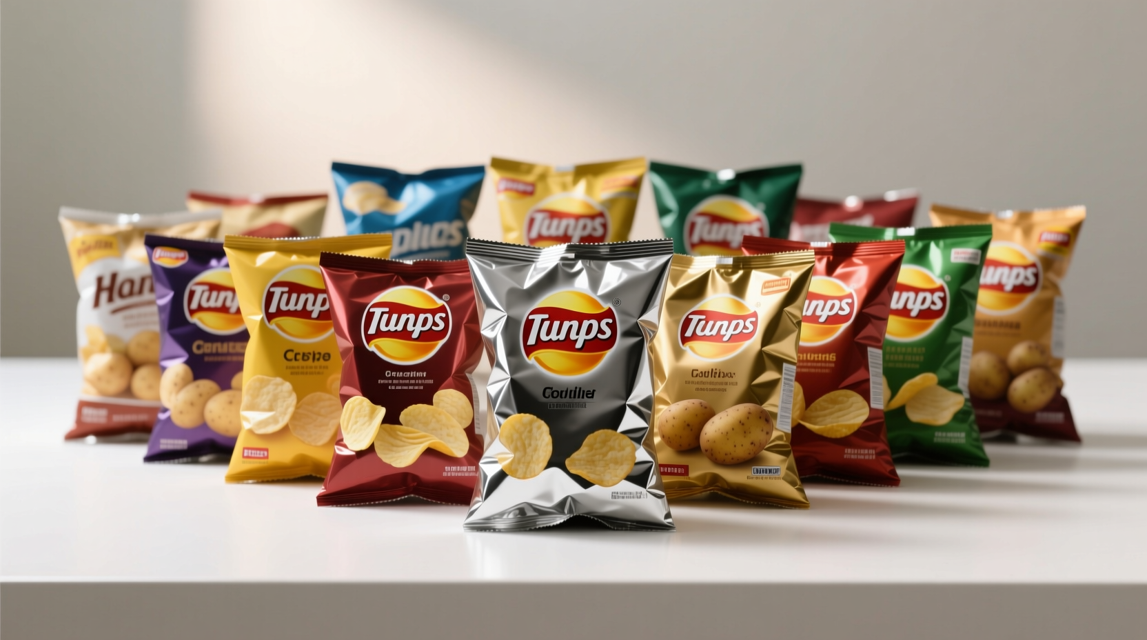 Variety of potato chip bags arranged neatly