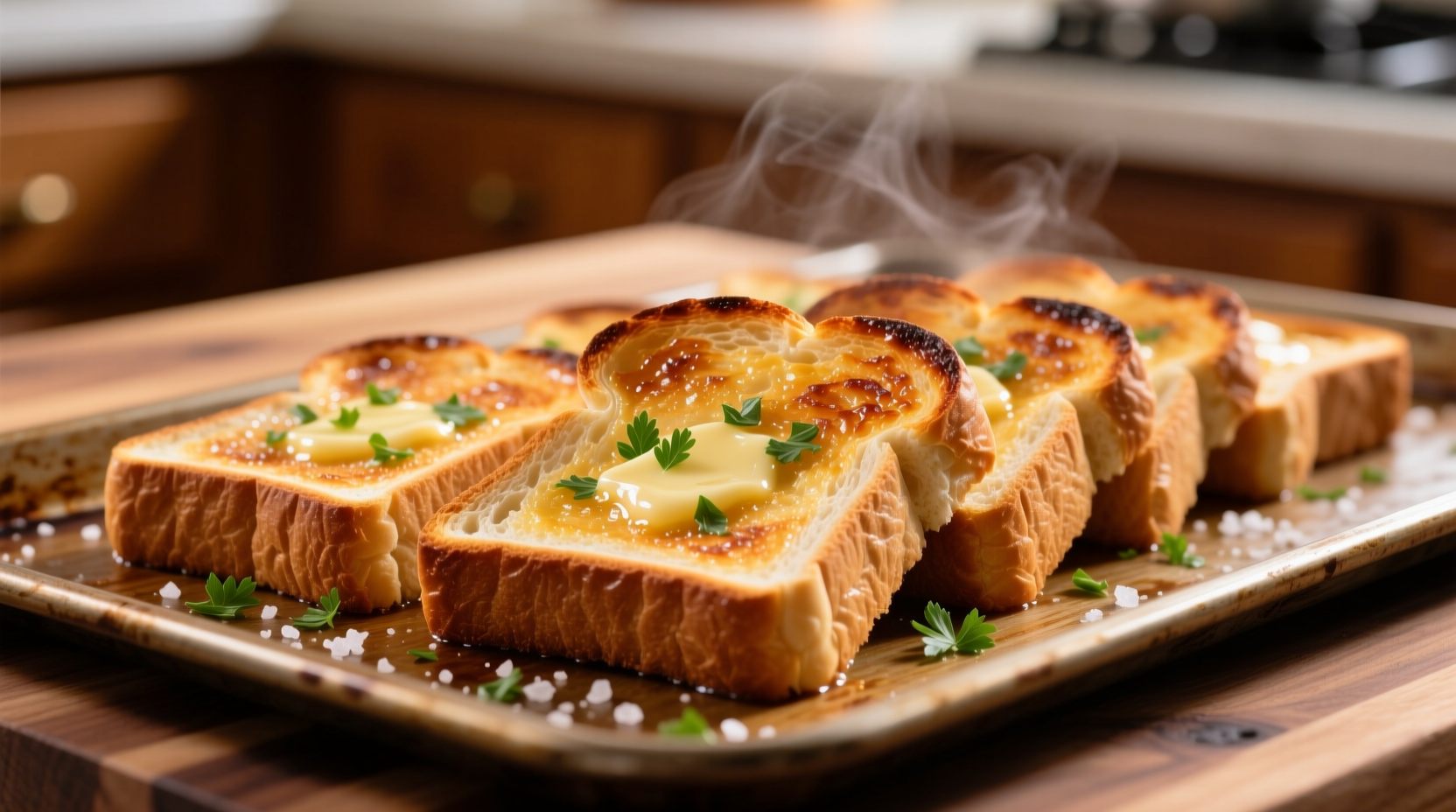Golden brown Texas toast garlic bread on baking sheet