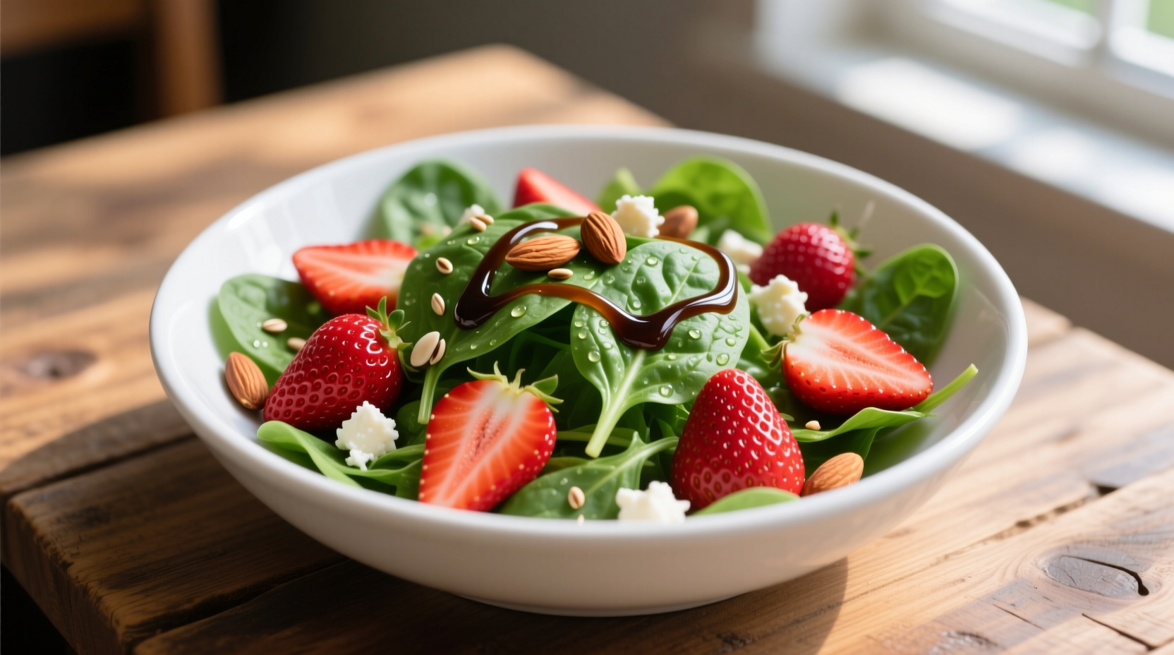 Fresh strawberry spinach salad in white bowl