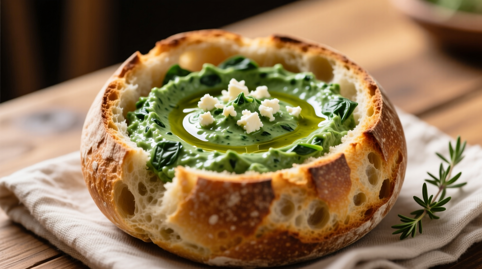 Fresh spinach dip served in crusty sourdough bread bowl