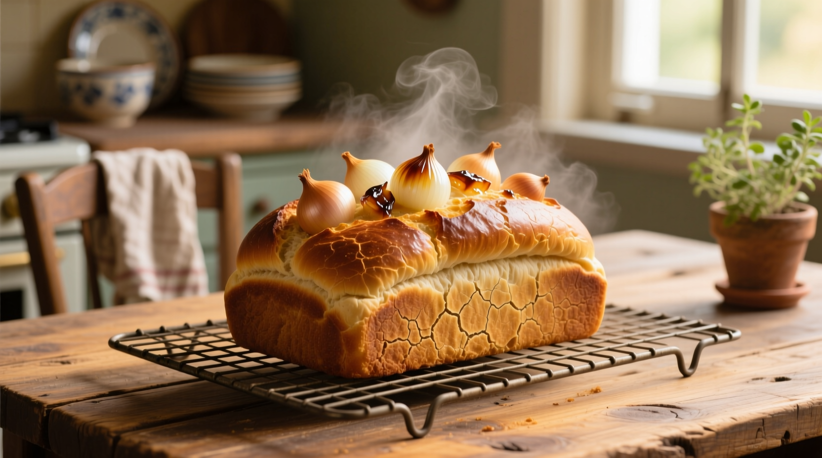 Golden brown onion bread loaf cooling on wire rack