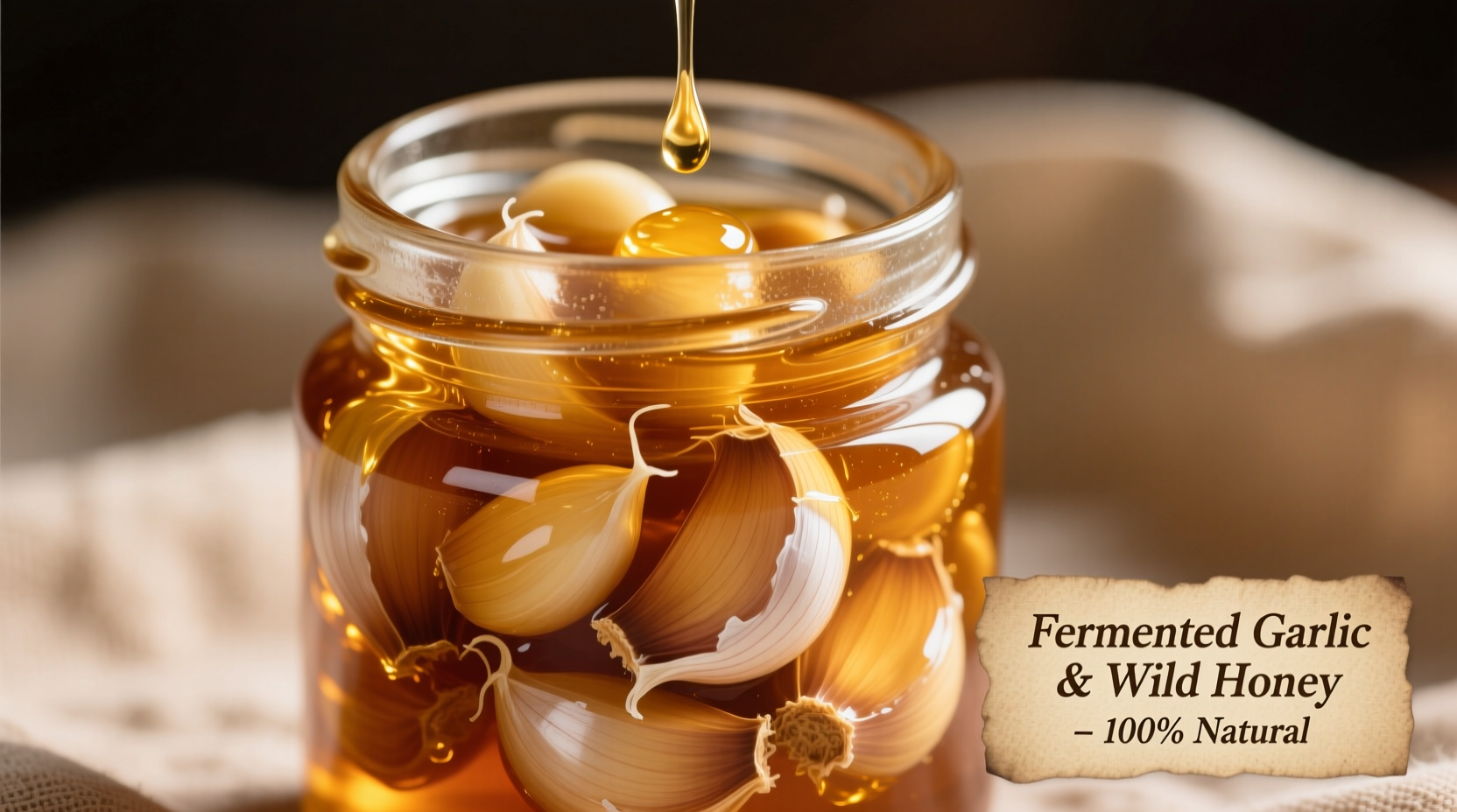 Fermented garlic cloves in amber honey jar