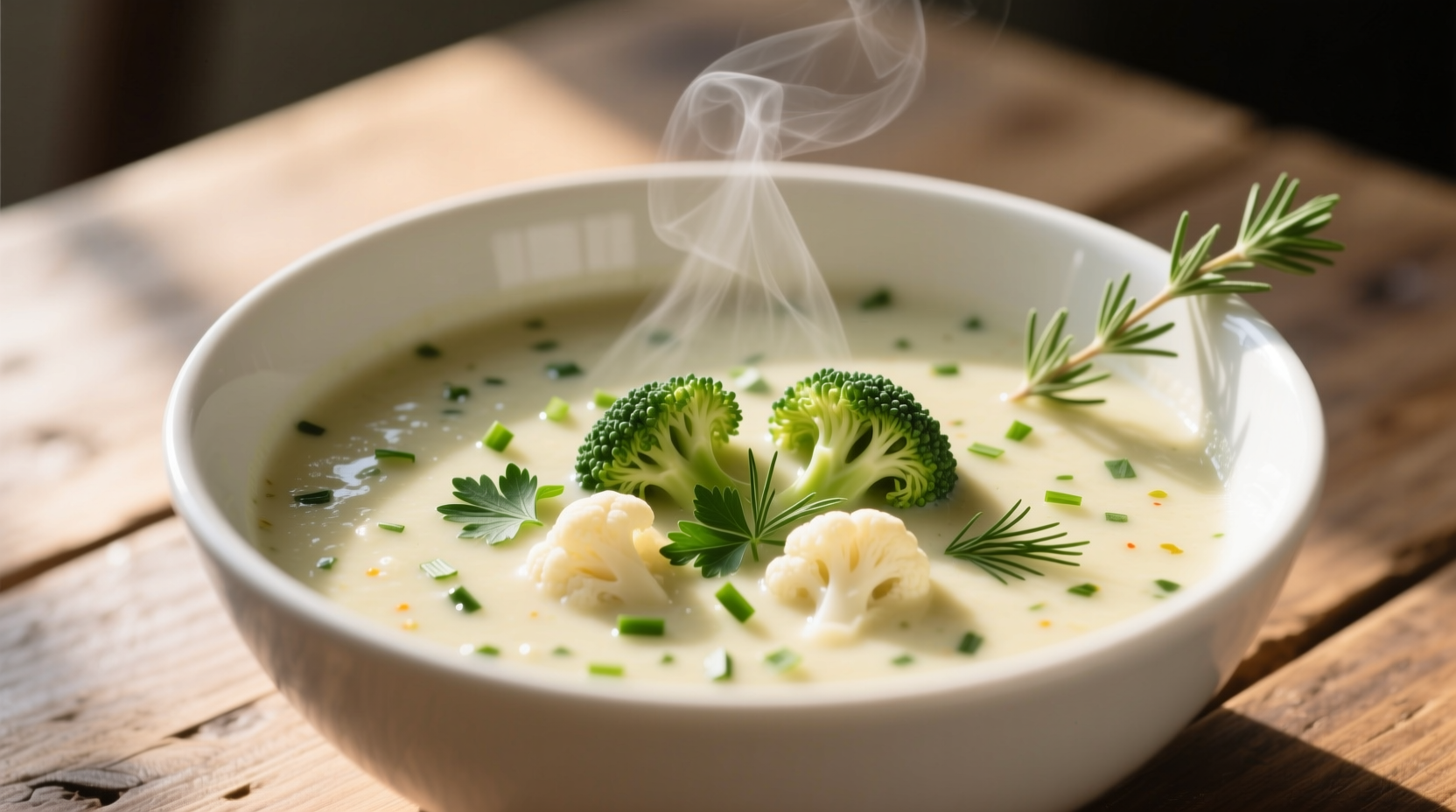 Creamy broccoli cauliflower soup in white bowl with fresh herbs