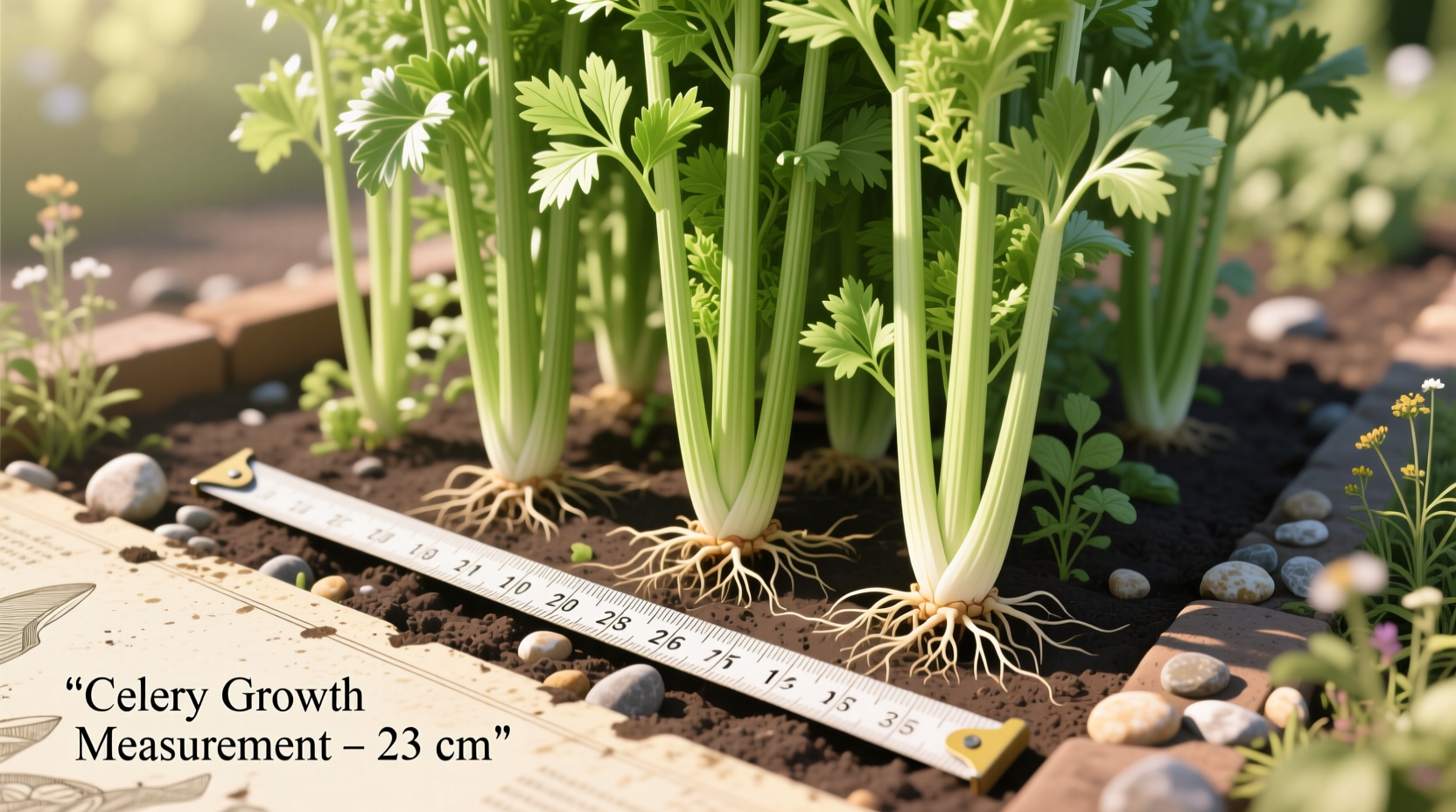 Celery plants growing in garden bed with measuring tape