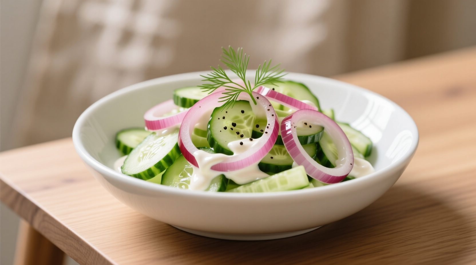 Fresh creamy cucumber onion salad in white bowl