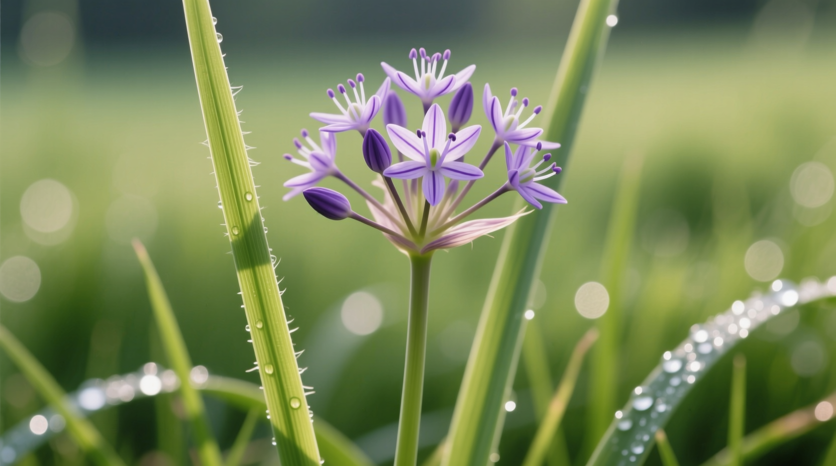 Close-up of onion grass with hollow leaves and purple flowers