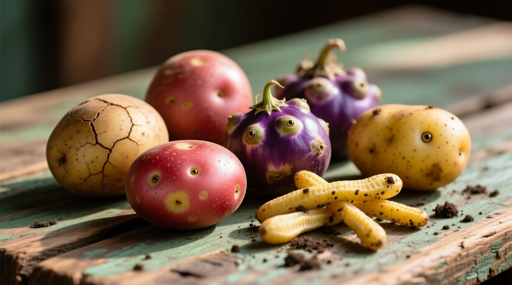 Close-up of different potato varieties on wooden table