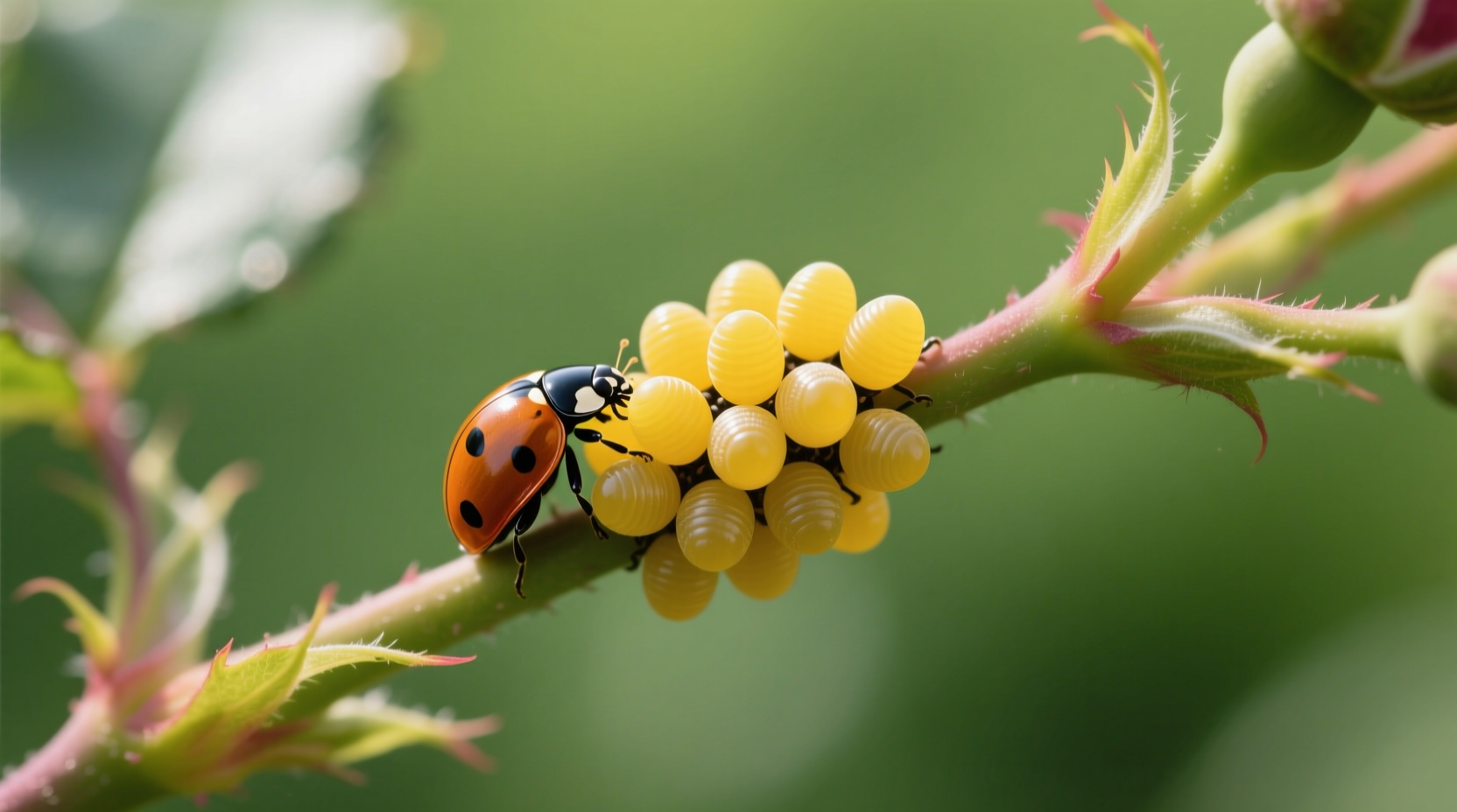 Close-up of ladybug eggs clustered on a rose stem, showing their yellow, oval shape